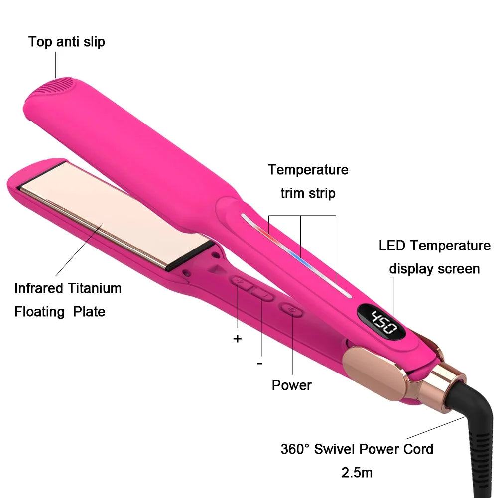 Hair Straightener Infrared 450℉ Titanium Wide Flat Iron 30s Fast Heating Curling Iron Pink Straightener and Curler 2 in 1 Styler
