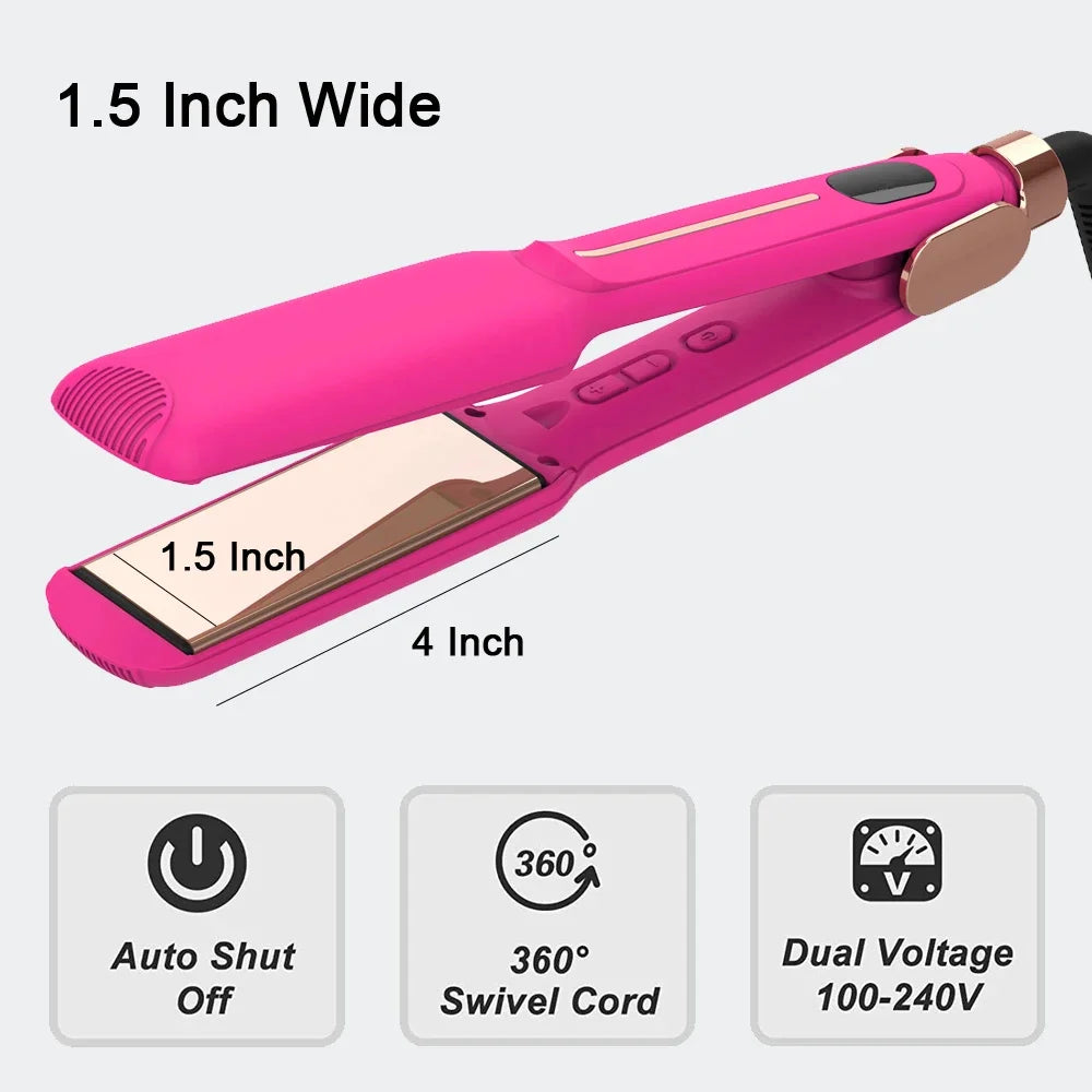 Hair Straightener Infrared 450℉ Titanium Wide Flat Iron 30s Fast Heating Curling Iron Pink Straightener and Curler 2 in 1 Styler