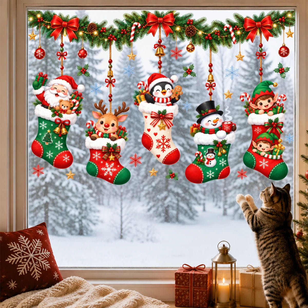 Christmas Window Stickers Holiday Decoration Static Cling Window Sticker Xmas Decor Snowman Santa Wall Decal