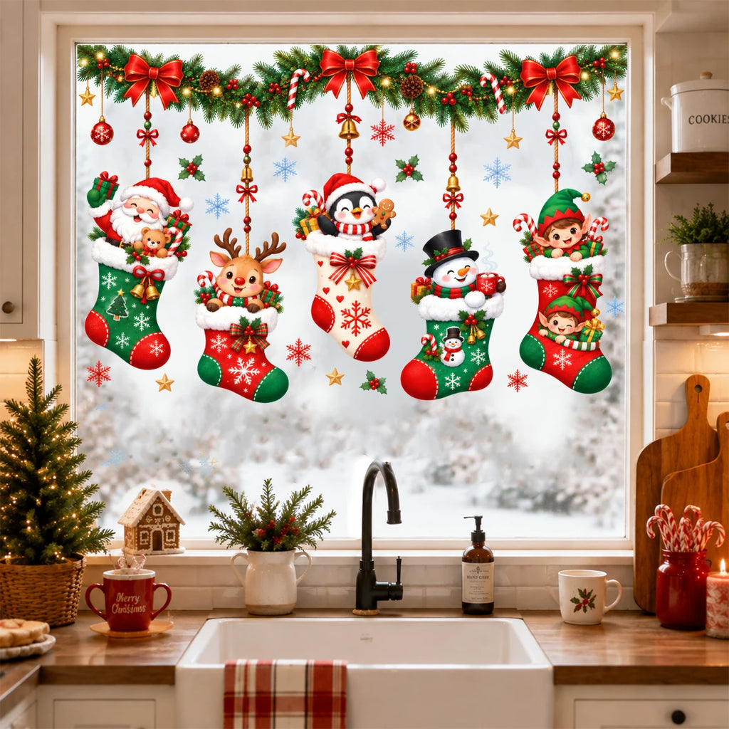 Christmas Window Stickers Holiday Decoration Static Cling Window Sticker Xmas Decor Snowman Santa Wall Decal