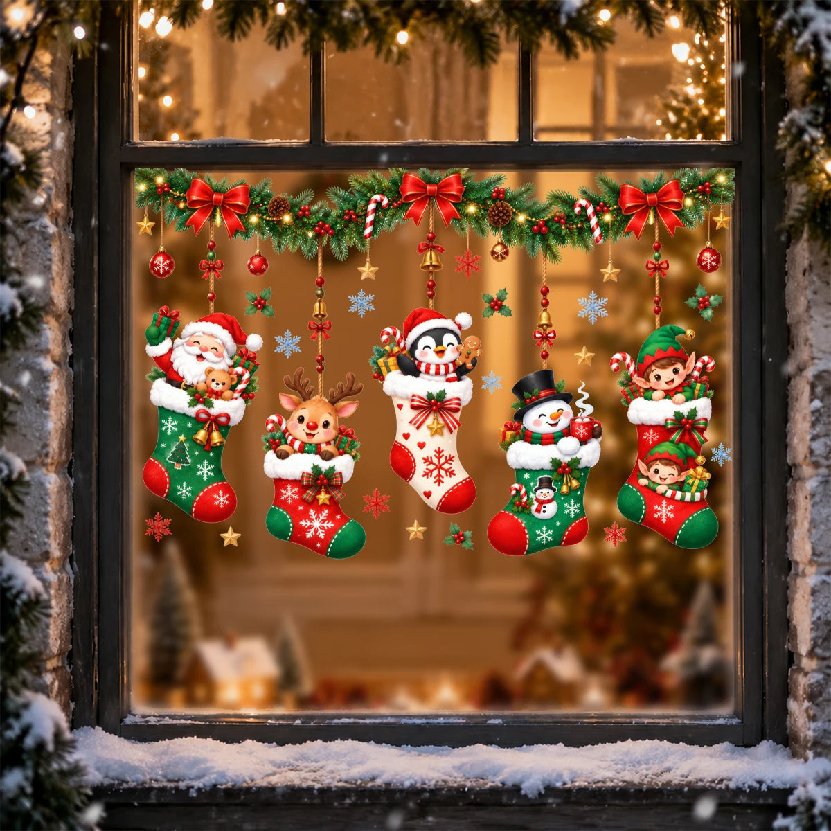 Christmas Window Stickers Holiday Decoration Static Cling Window Sticker Xmas Decor Snowman Santa Wall Decal
