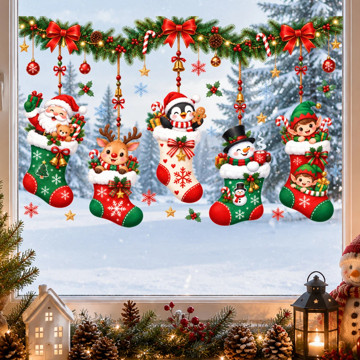 Christmas Window Stickers Holiday Decoration Static Cling Window Sticker Xmas Decor Snowman Santa Wall Decal
