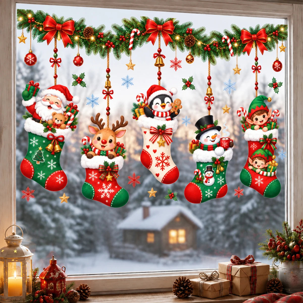 Christmas Window Stickers Holiday Decoration Static Cling Window Sticker Xmas Decor Snowman Santa Wall Decal