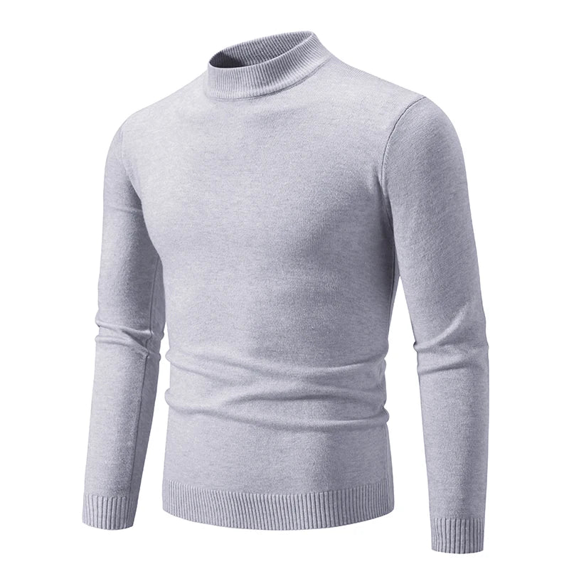 Autumn New Sweater Men's Half High Neck Basic Solid Color Casual Versatile Round Neck Knit with Slim Fit Elastic Sweater Inside