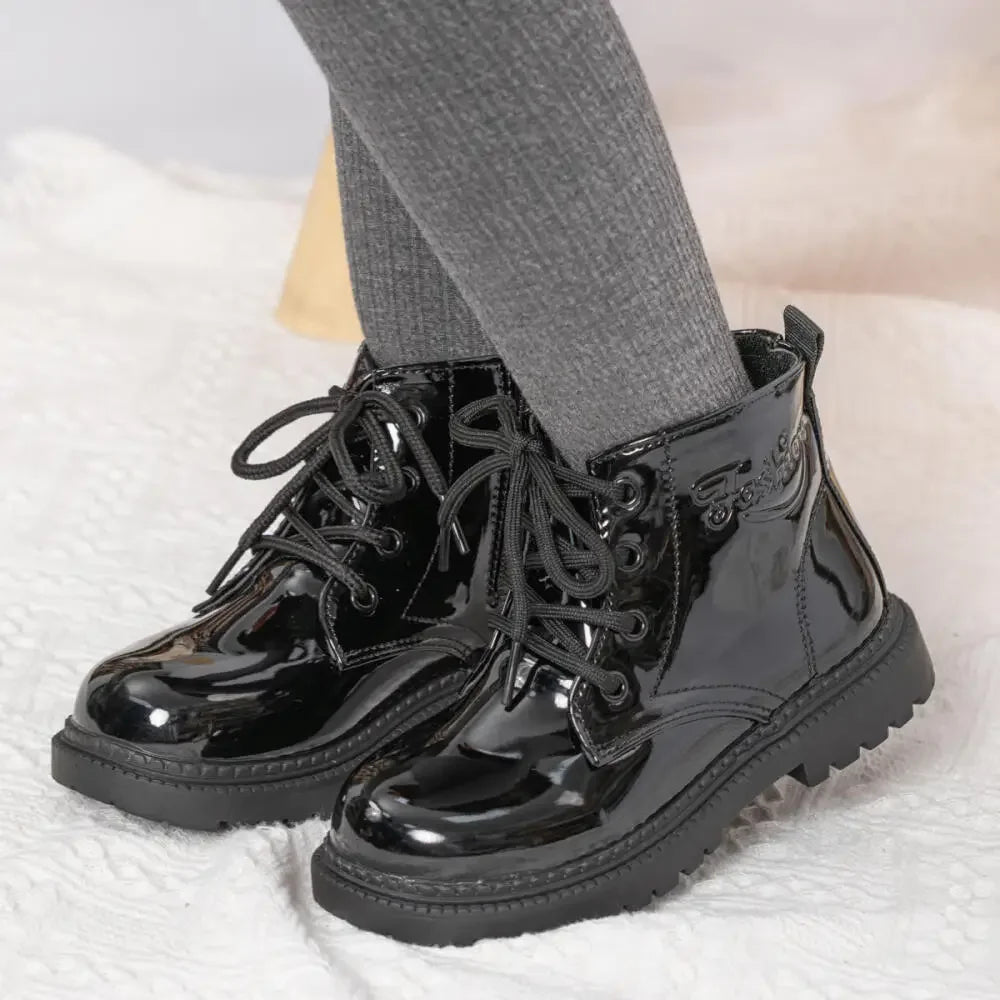 Autumn and Winter Children's Shoes Waterproof PU Leather Children's Boots Fashion Toddler Lace-up Zip High Boots Boys Girls