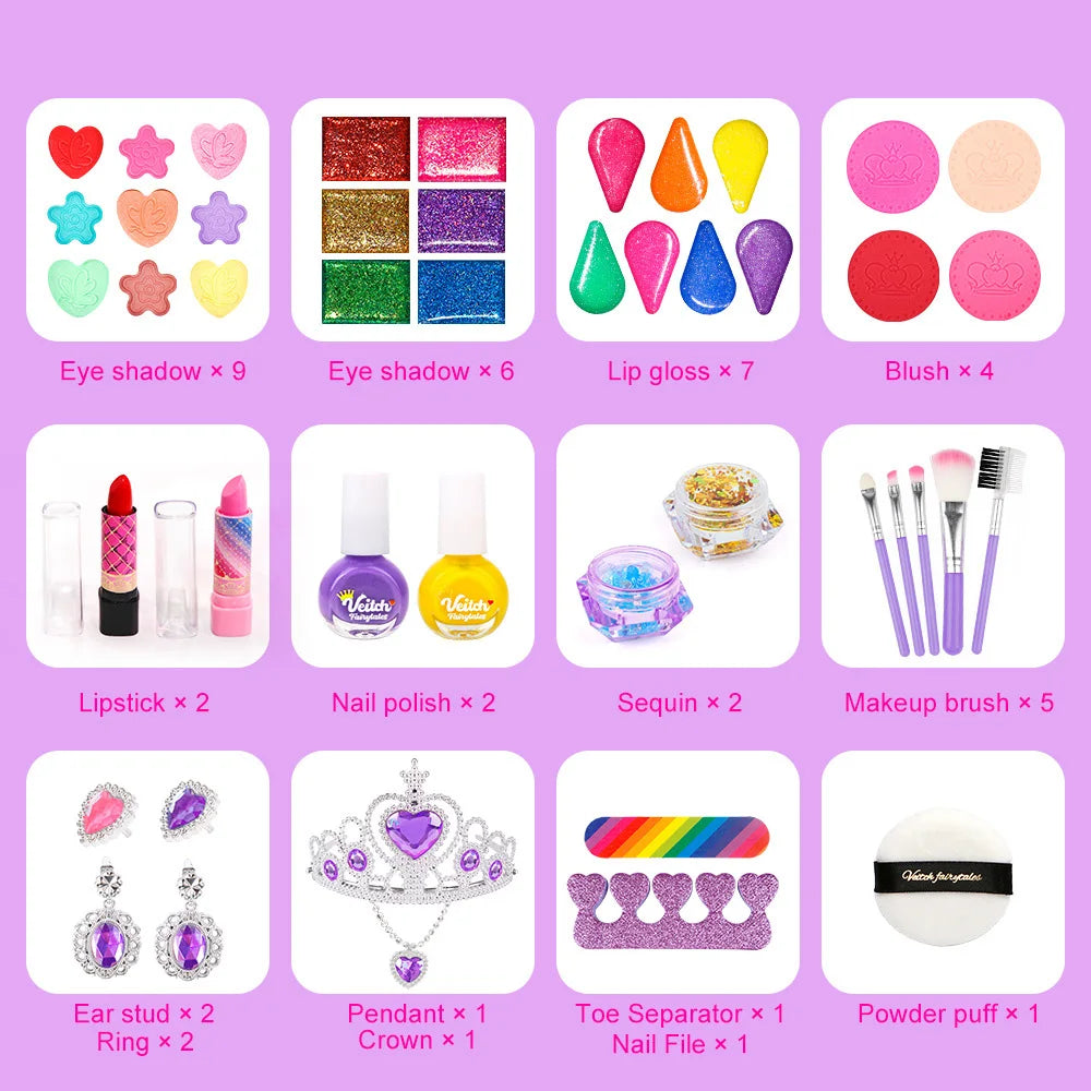 Crystal Makeup Set for Girls Washable Makeup Kit Kids Nail Art Kit with Cosmetic Case Non-toxic Safe Birthday Gifts