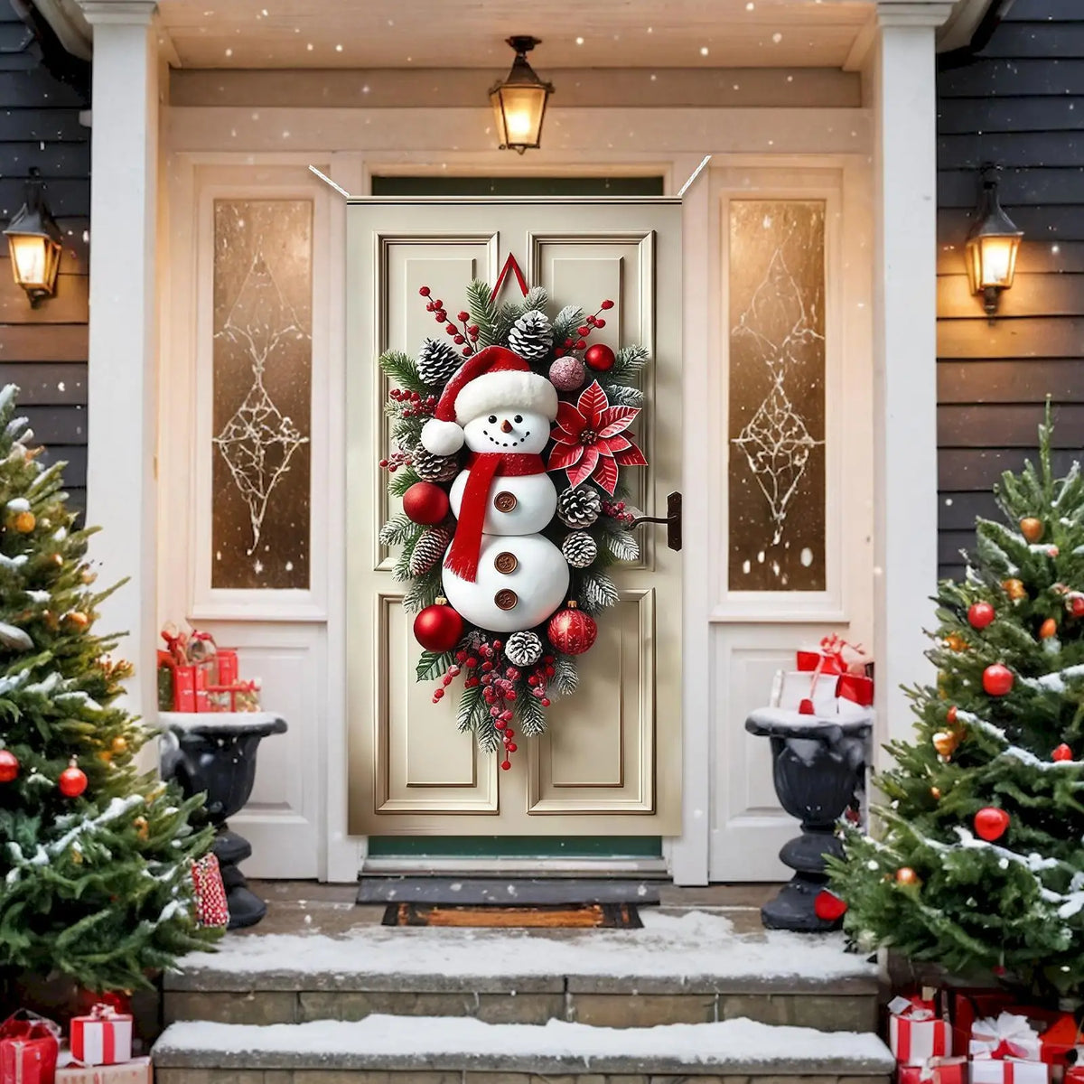 Winter Snowman Christmas Wreath Door Decoration Hanging Door Banner Winter Cute Outdoor Snowman Backdrop Christ