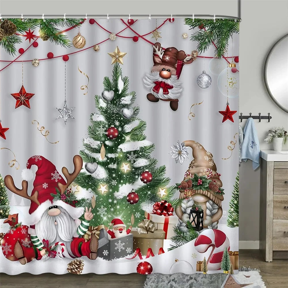 Christmas Shower Curtain, Winter Snowman Farm Christmas Tree Snowflake Santa Claus Dinosaur Farmhouse Truck Bathroom Decor