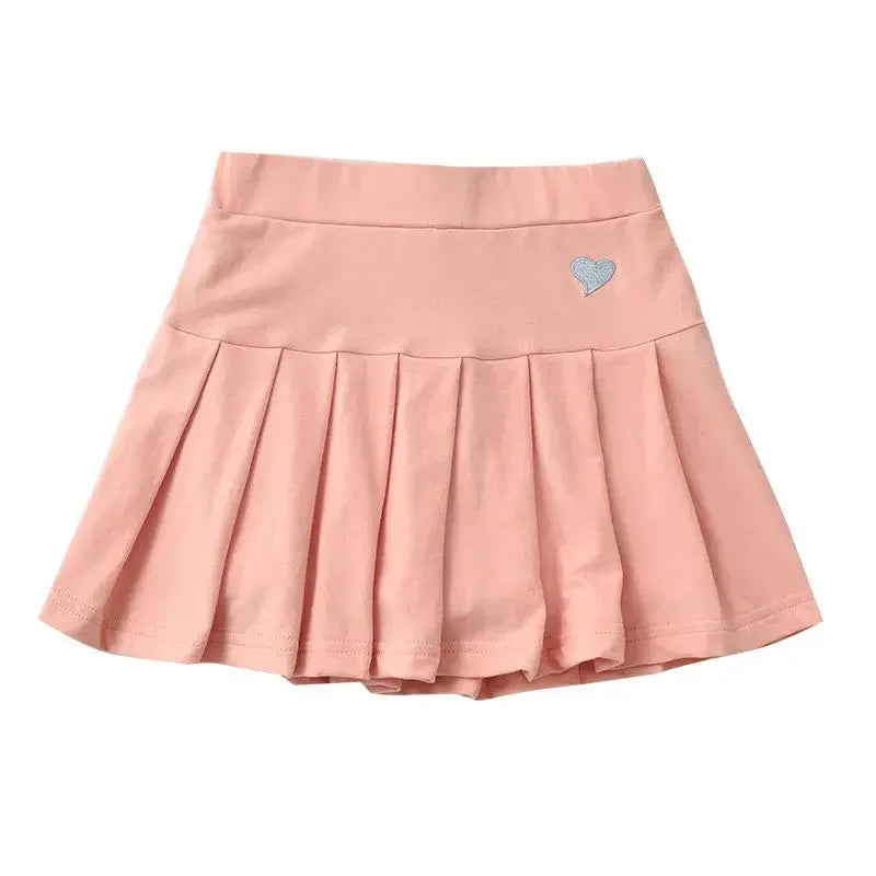 JK Skirt Shorts Children Miniskirt Summer Girls Candy Color Embroidered Heart Design  Simple Pleated Skirt Safety Pants Design