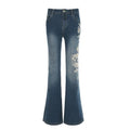 Autumn Women Retro Y2k Jeans Baggy Floral Embroidery Vintage 2000s Low Rise Flared Denim Pants High Street Slim Fit Trousers