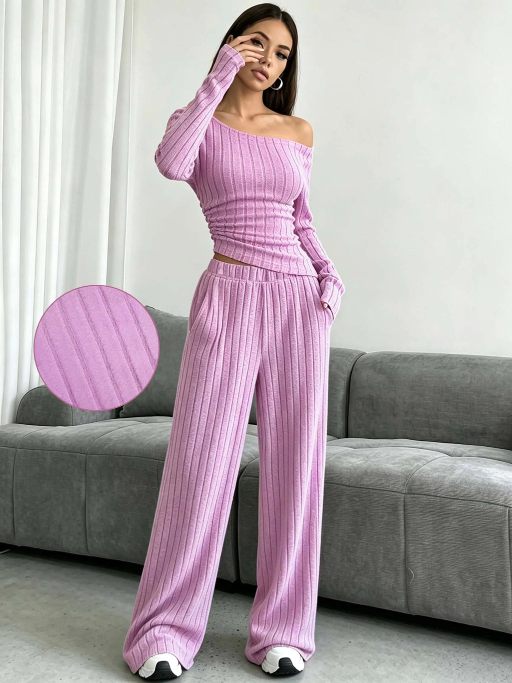 Women Ribbed Knit 2 Piece Outfit, Off‑Shoulder Long Sleeve Top & Elastic High Waist Wide Leg Pants with Side Pockets