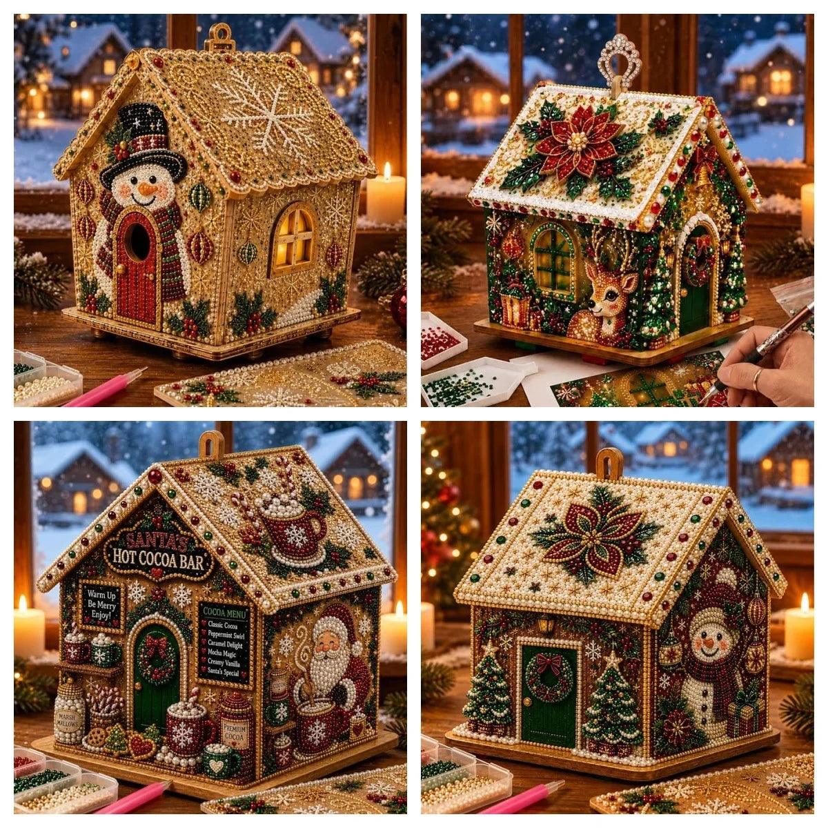 Christmas 3D House Pearl Painting DIY Set Cottage Diamond Painting Set Wooden Art Christmas Tree Ornaments For Home Decora Gifts