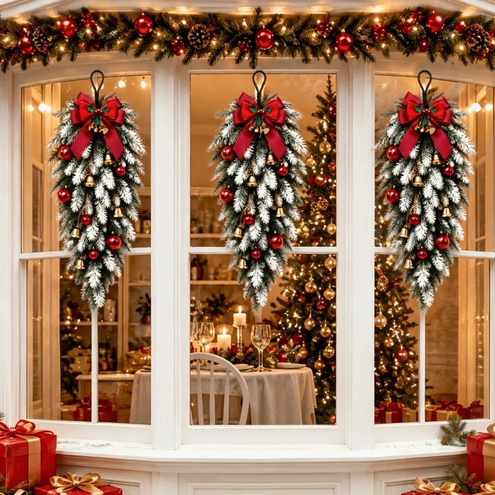 Artificial Christmas Decor Set Plastic Red Bow Norfolk Pine Garland Red Ball Ornaments Golden Ring Bell Holiday Wreath Set