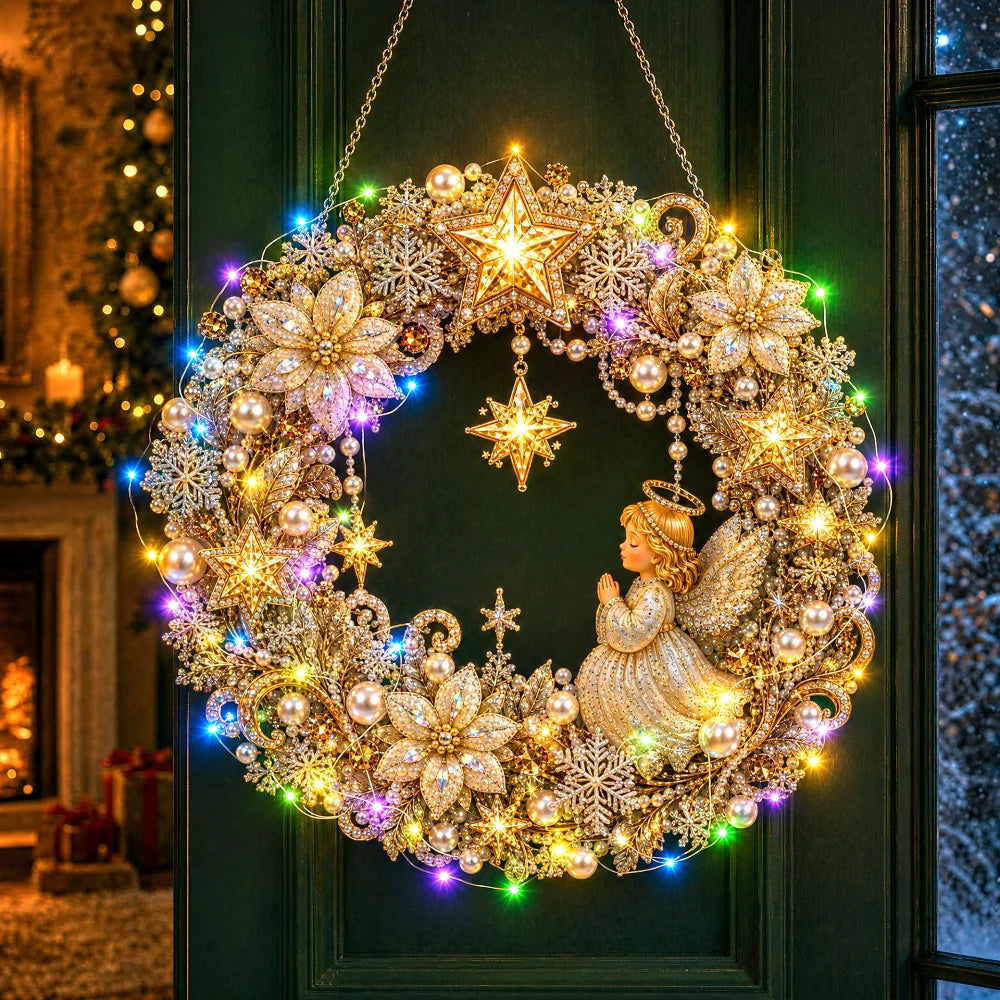 Christmas DIY Diamond Painting Wreath 25cm With LED Lights Double‑Sided Print Single‑Side Diamond Inlay Xmas Front Door Wall