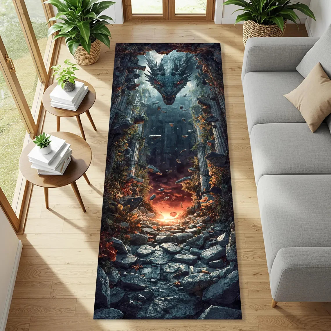 Medieval Dragon Phoenix and Knight Runner Rug Fantasy Entryway Carpet for Gothic Hallways, Bedroom Bedside Extended Floor Mat