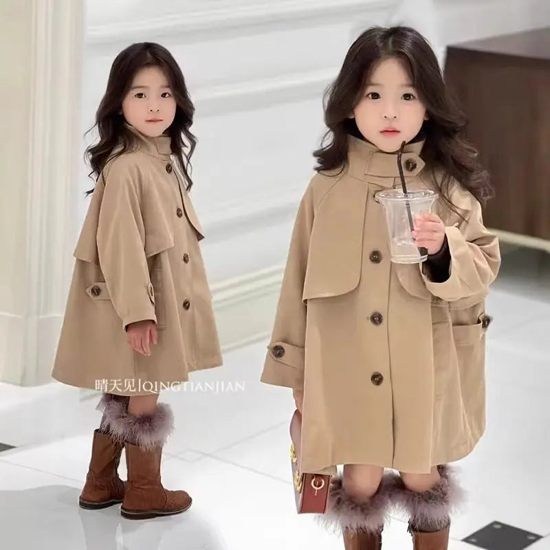 Girls' British Style Lapel Trench Coat 2026 Spring/Autumn New Versatile Children's Mid Length Single Breasted Jacket