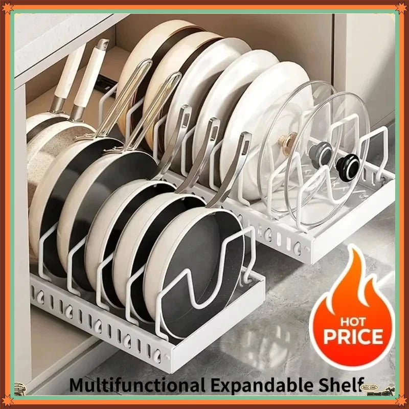 Pull‑out Sliding Kitchen Storage Rack Multifunctional Drawer Organizer for Pan Lids Spices Bowls Plates Cookware Storage
