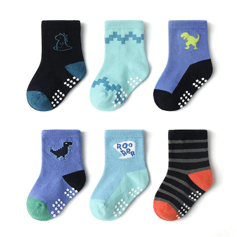 6 Pairs Kids Non-Slip Socks Cute Cartoon Dinosaur Pattern Boys Floor Socks Comfortable Breathable for Toddler Learning to Walk