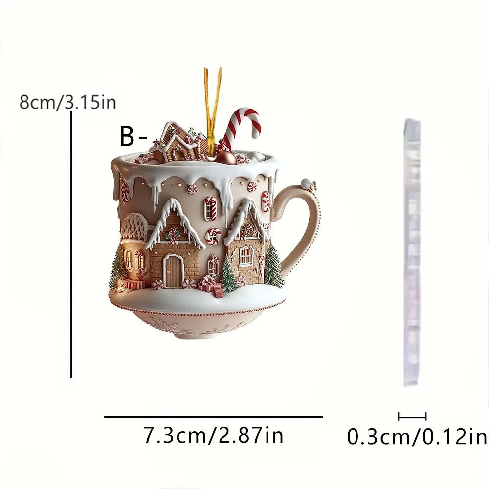 Christmas Tree Decorations 2D Acrylic Flat Cottage Warm Little Coffee Cup Hanging Pendant Ornaments New Year Home Party Decor