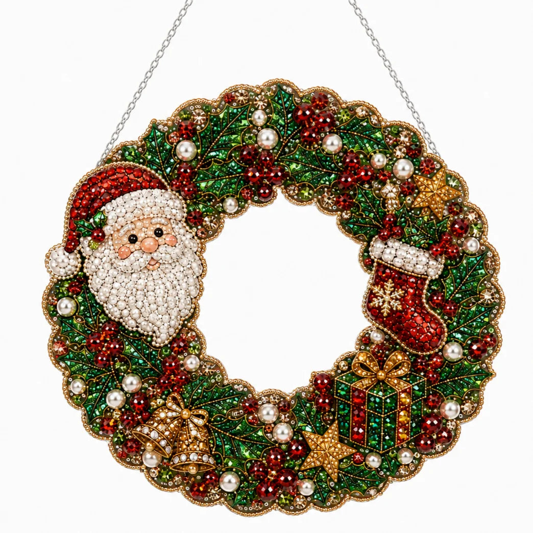 Christmas DIY Diamond Painting Wreath 25cm With LED Lights Double‑Sided Print Single‑Side Diamond Inlay Xmas Front Door Wall