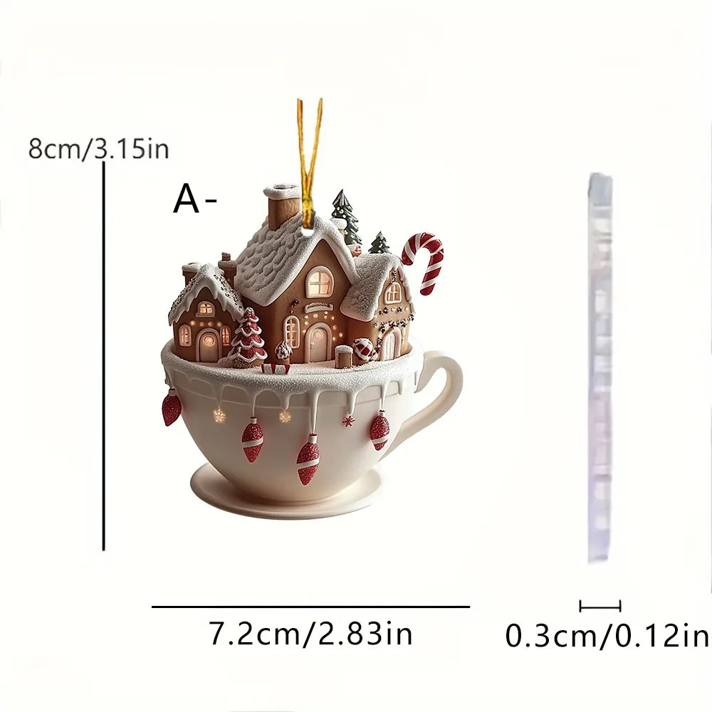 Christmas Tree Decorations 2D Acrylic Flat Cottage Warm Little Coffee Cup Hanging Pendant Ornaments New Year Home Party Decor