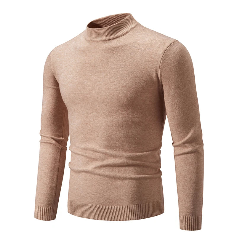 Autumn New Sweater Men's Half High Neck Basic Solid Color Casual Versatile Round Neck Knit with Slim Fit Elastic Sweater Inside