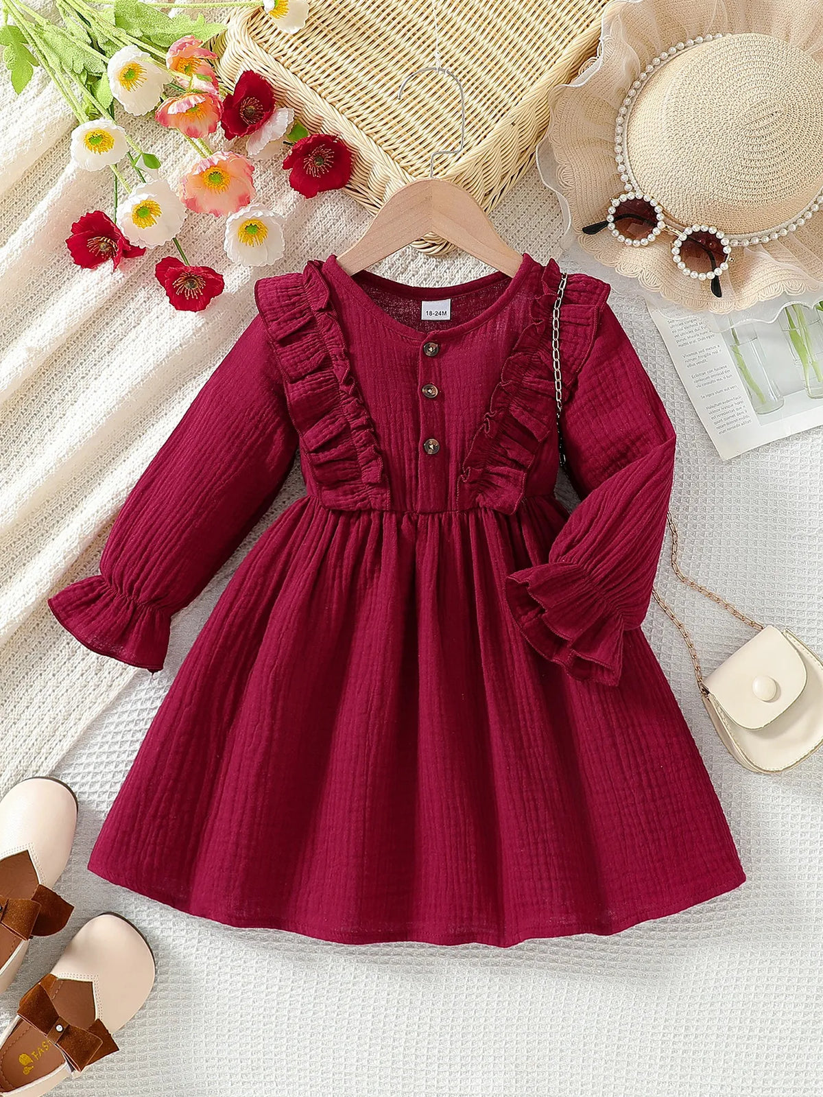 Children’s 2025 Summer New Arrival Girls’ Solid Color Long-Sleeved Casual Dress