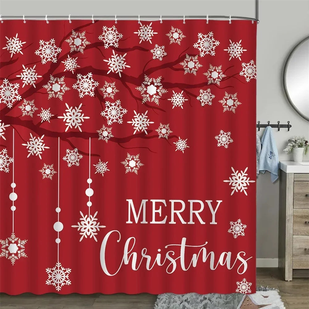 Christmas Shower Curtain, Winter Snowman Farm Christmas Tree Snowflake Santa Claus Dinosaur Farmhouse Truck Bathroom Decor