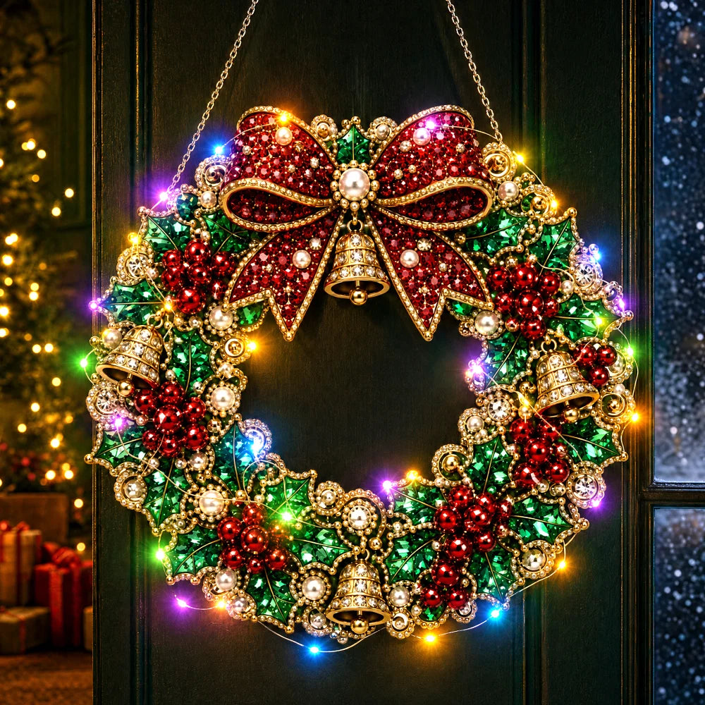 Christmas DIY Diamond Painting Wreath 25cm With LED Lights Double‑Sided Print Single‑Side Diamond Inlay Xmas Front Door Wall