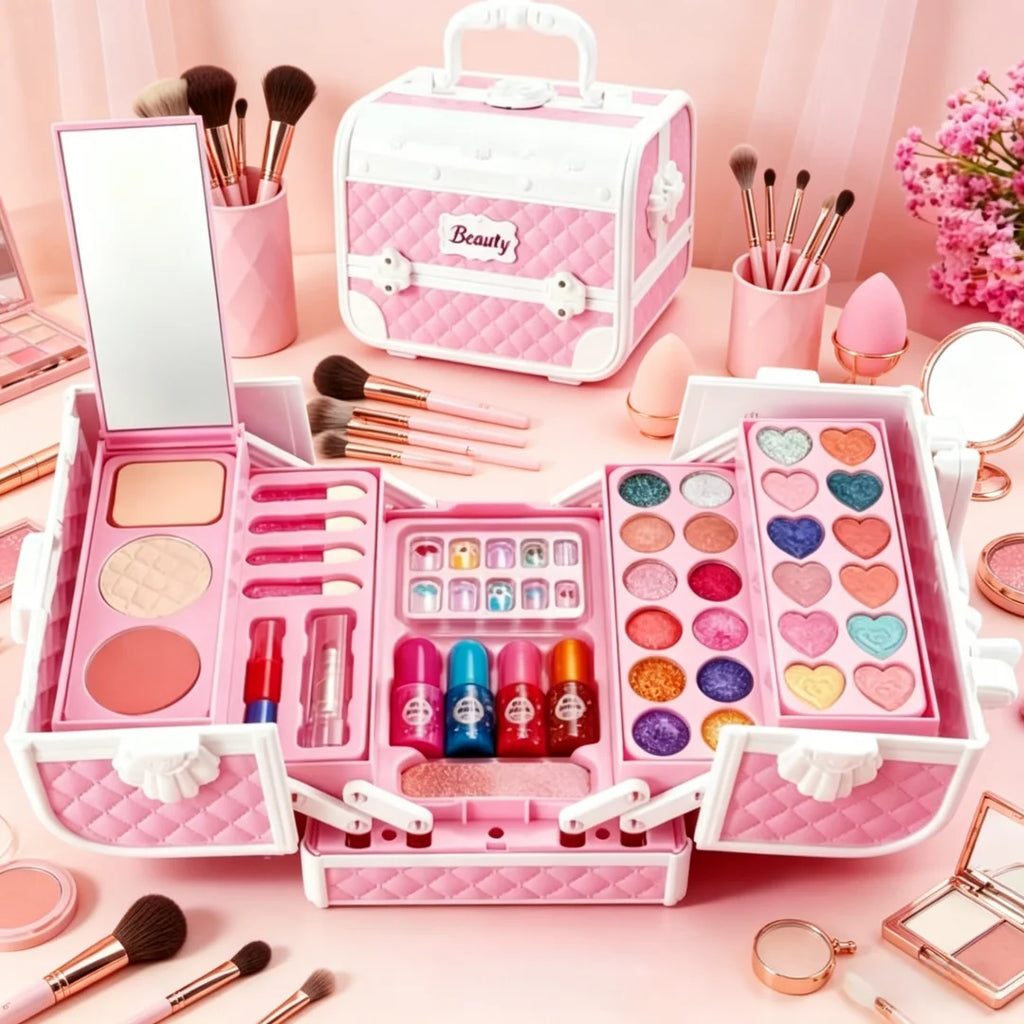 Princess Kids Makeup Kit for Girls, Washable Pretend Cosmetic Toy Set with Mirror & Storage Suitcase, Non-Toxic Beauty Play Makeup Case, Birthday Christmas Gift for Little Girls