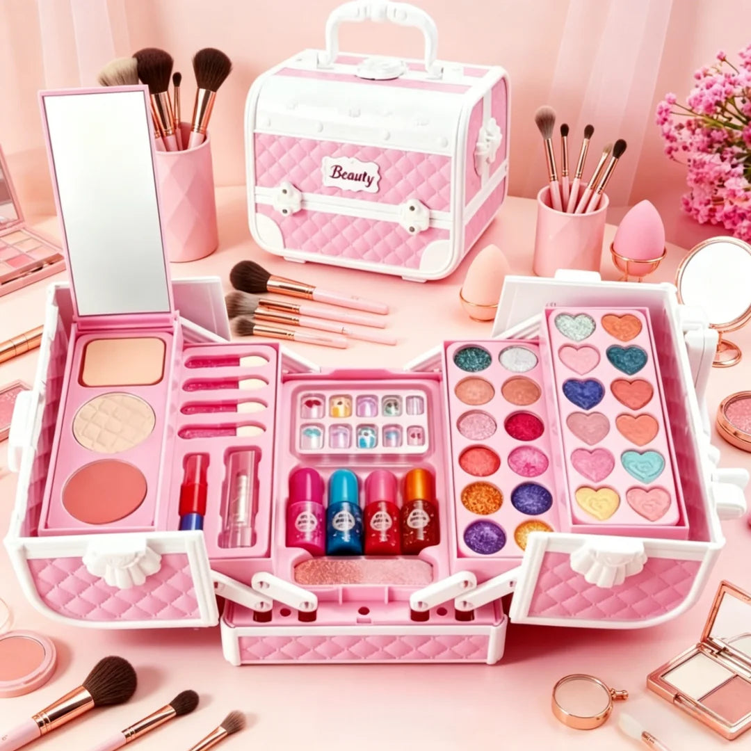 Princess Kids Makeup Kit for Girls, Washable Pretend Cosmetic Toy Set with Mirror & Storage Suitcase, Non-Toxic Beauty Play Makeup Case, Birthday Christmas Gift for Little Girls