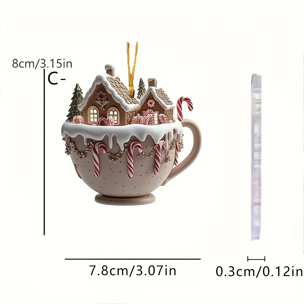 Christmas Tree Decorations 2D Acrylic Flat Cottage Warm Little Coffee Cup Hanging Pendant Ornaments New Year Home Party Decor