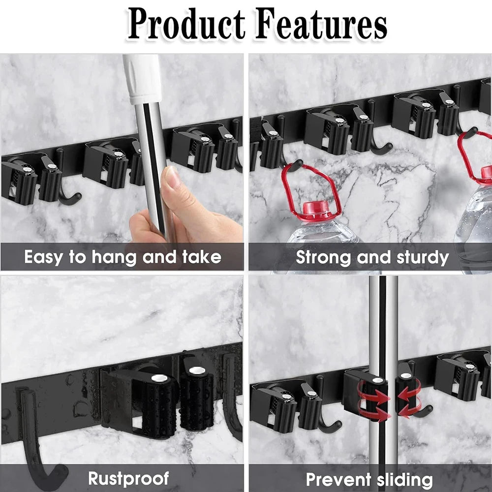 Stainless Steel Mop and Broom Holder Wall Mounted Multi-Functional Bathroom Kitchen Storage Rack Garage Garden Tools Organizer