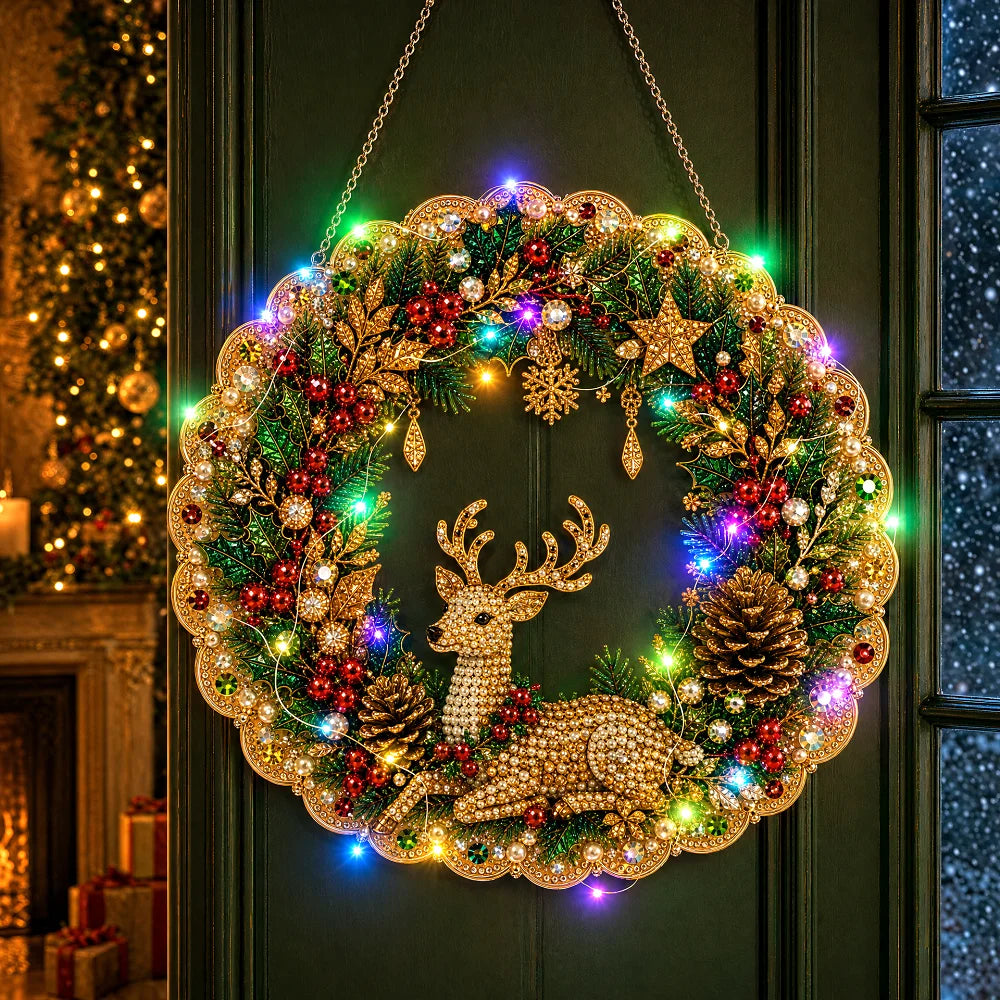 Christmas DIY Diamond Painting Wreath 25cm With LED Lights Double‑Sided Print Single‑Side Diamond Inlay Xmas Front Door Wall