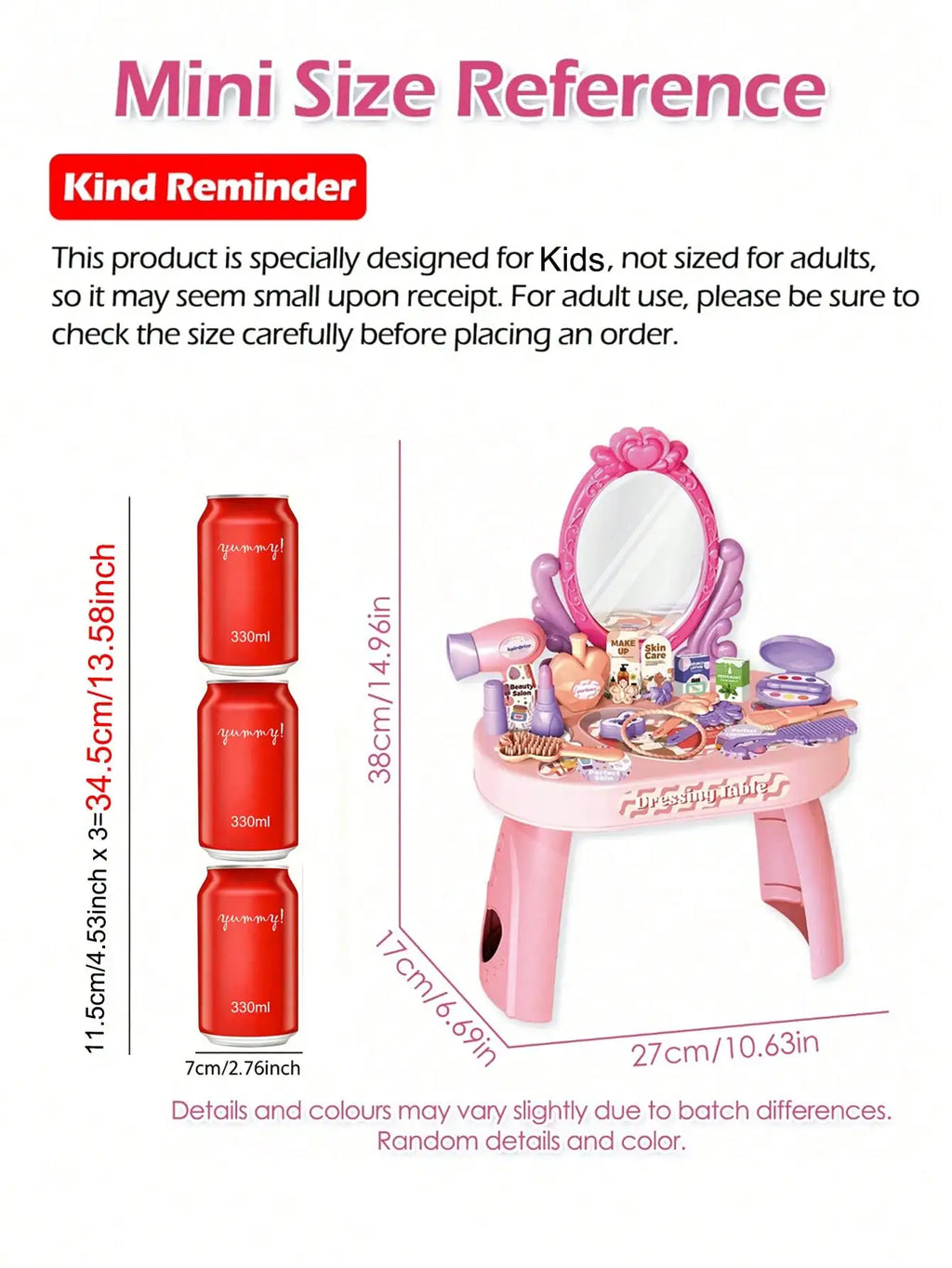 Kids Princess Vanity Dressing Table Toy Set with Mirror&30Pcs Makeup Accessories, Pretend Hair Dryer Cosmetic Kit,Gift for Girls