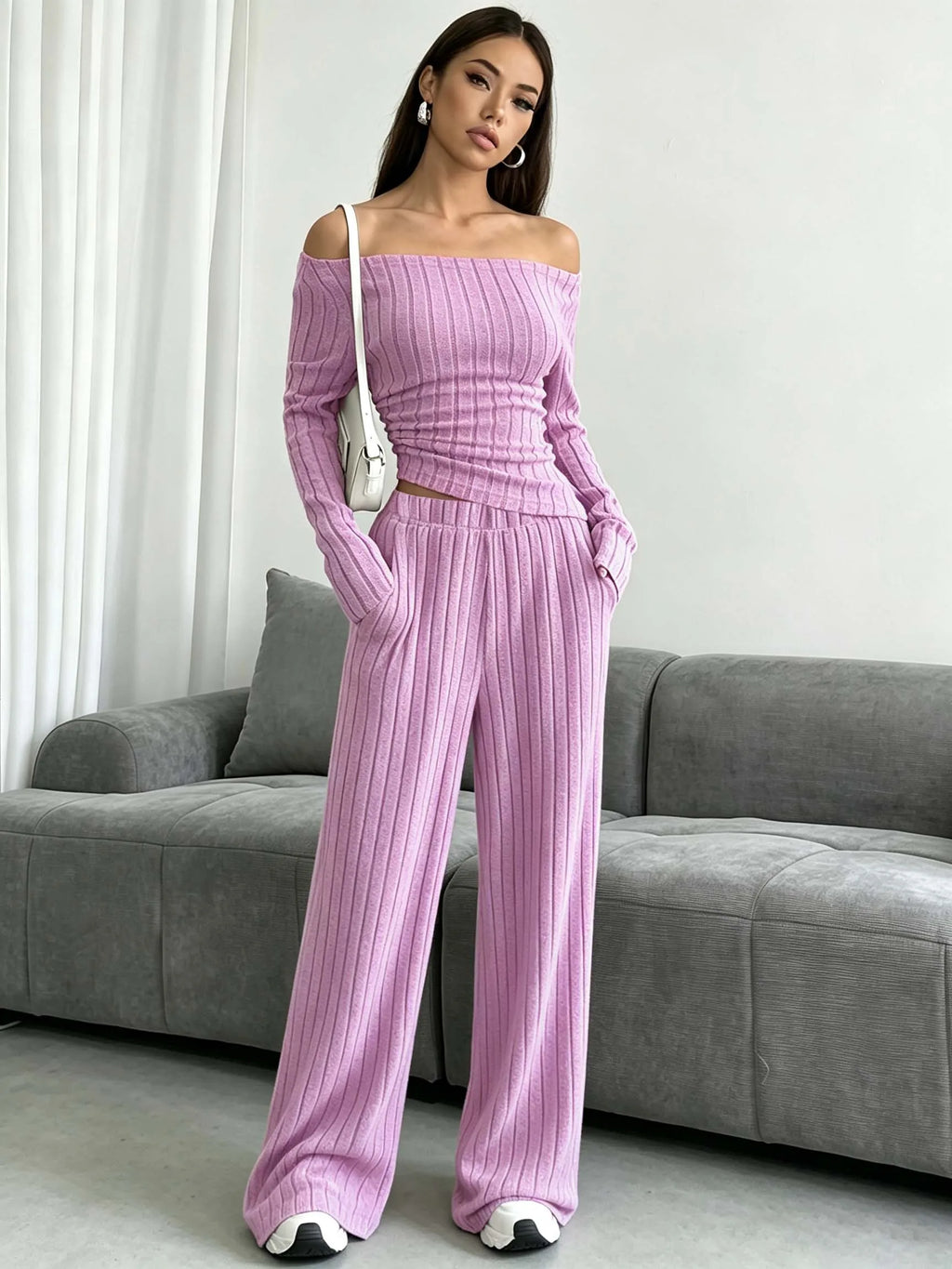 Women Ribbed Knit 2 Piece Outfit, Off‑Shoulder Long Sleeve Top & Elastic High Waist Wide Leg Pants with Side Pockets
