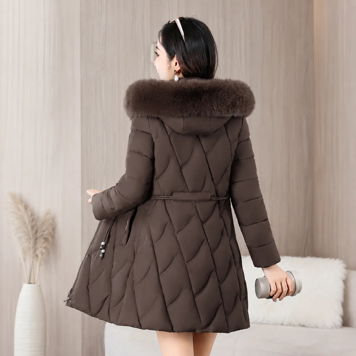 2026 Fashion Winter Women Parkas Long Slim Fashion Korean Big Fur Collar Zipper All-match Warm Down Jacket