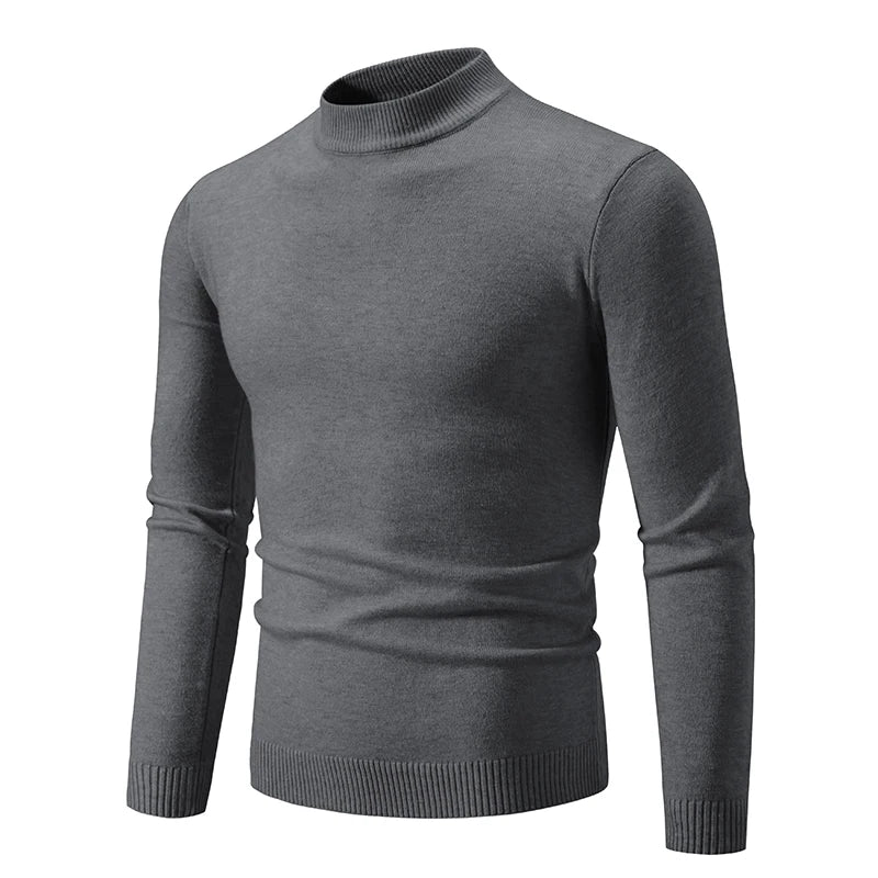 Autumn New Sweater Men's Half High Neck Basic Solid Color Casual Versatile Round Neck Knit with Slim Fit Elastic Sweater Inside