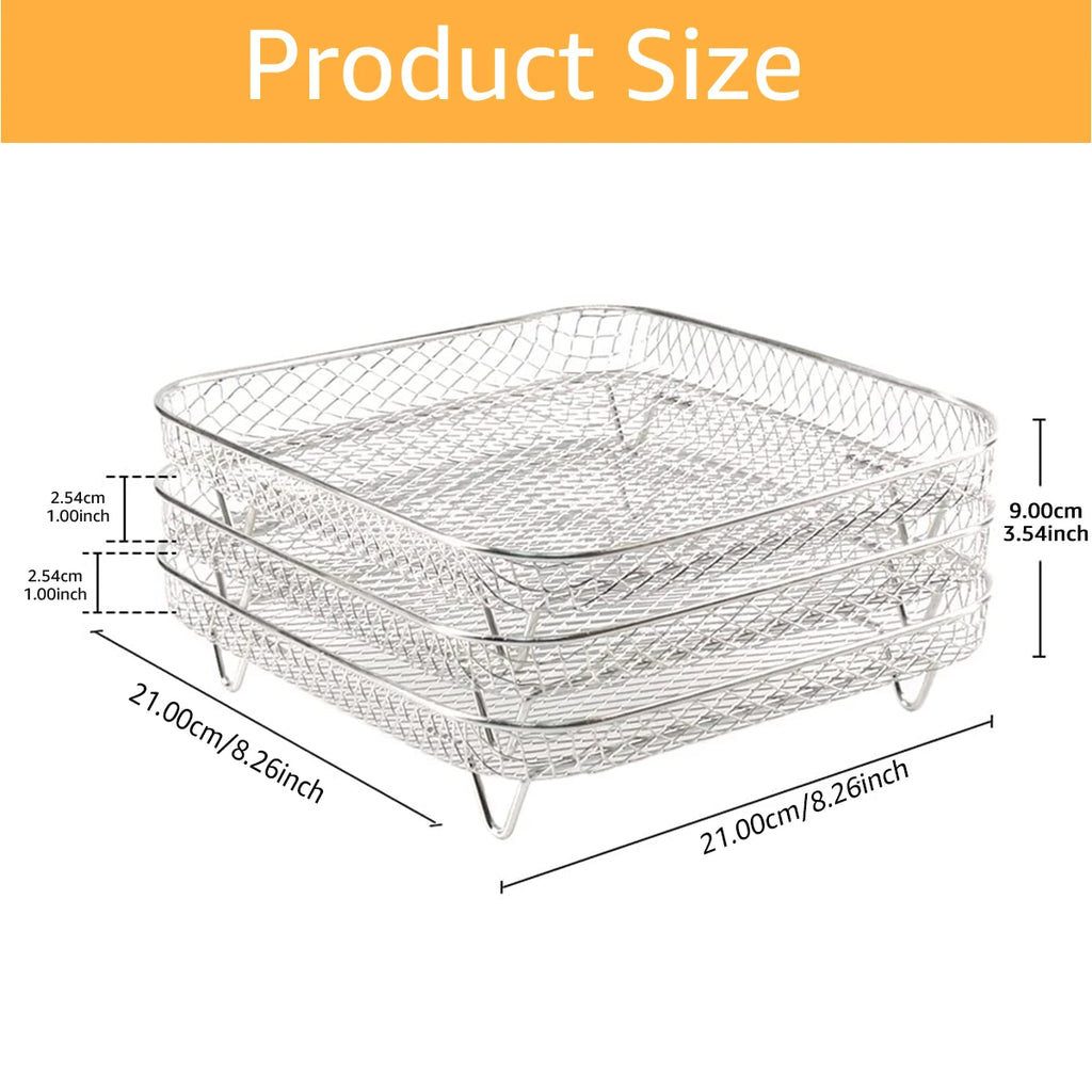 3Layer Air Fryer Racks Stainless Steel Square Air Fryer Basket Tray Stackable Dehydrator Racks Air Fryer Accessories Fit Kitchen