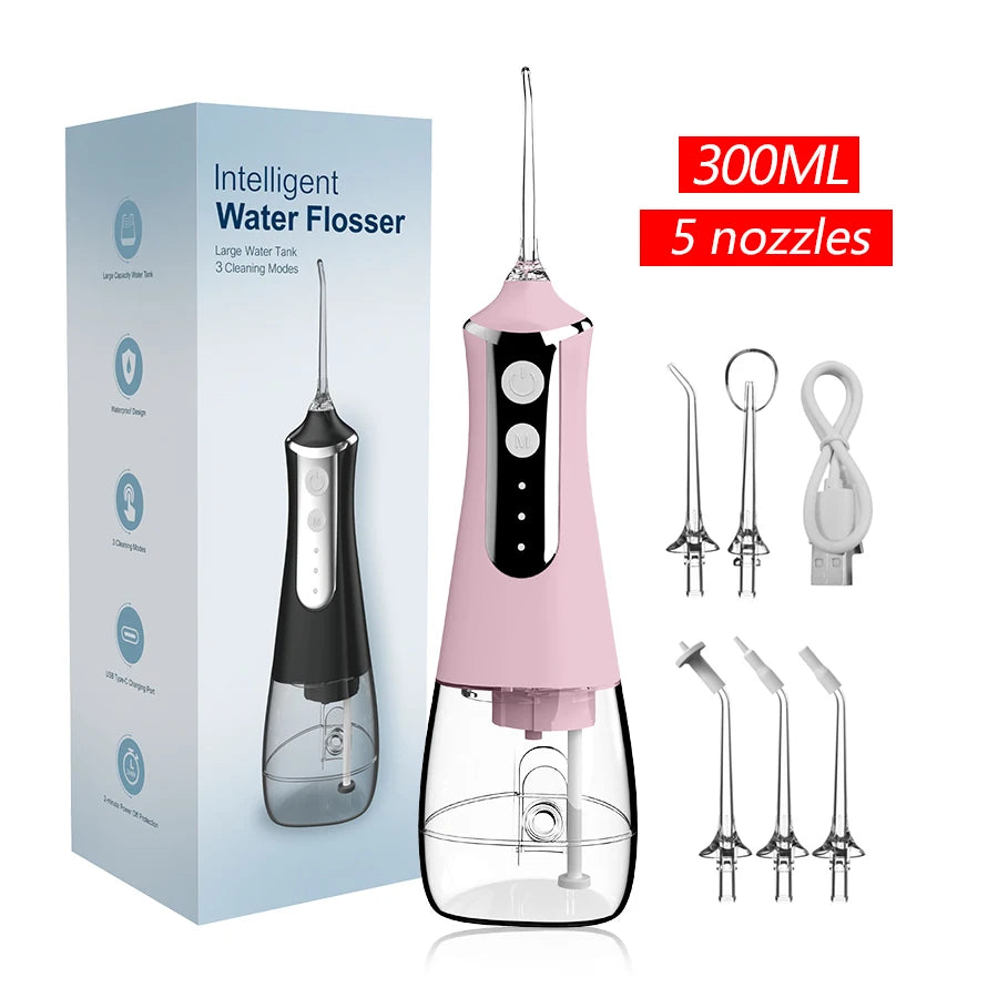 USB Rechargeable Water Flosser 300ml Portable 5 Nozzles 3 Modes Dental Irrigator Dental Odontología Kit Ferramentas