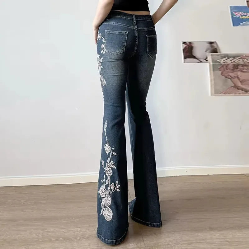 Autumn Women Retro Y2k Jeans Baggy Floral Embroidery Vintage 2000s Low Rise Flared Denim Pants High Street Slim Fit Trousers