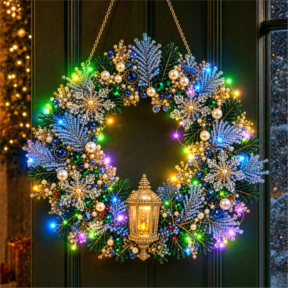 Christmas DIY Diamond Painting Wreath 25cm With LED Lights Double‑Sided Print Single‑Side Diamond Inlay Xmas Front Door Wall