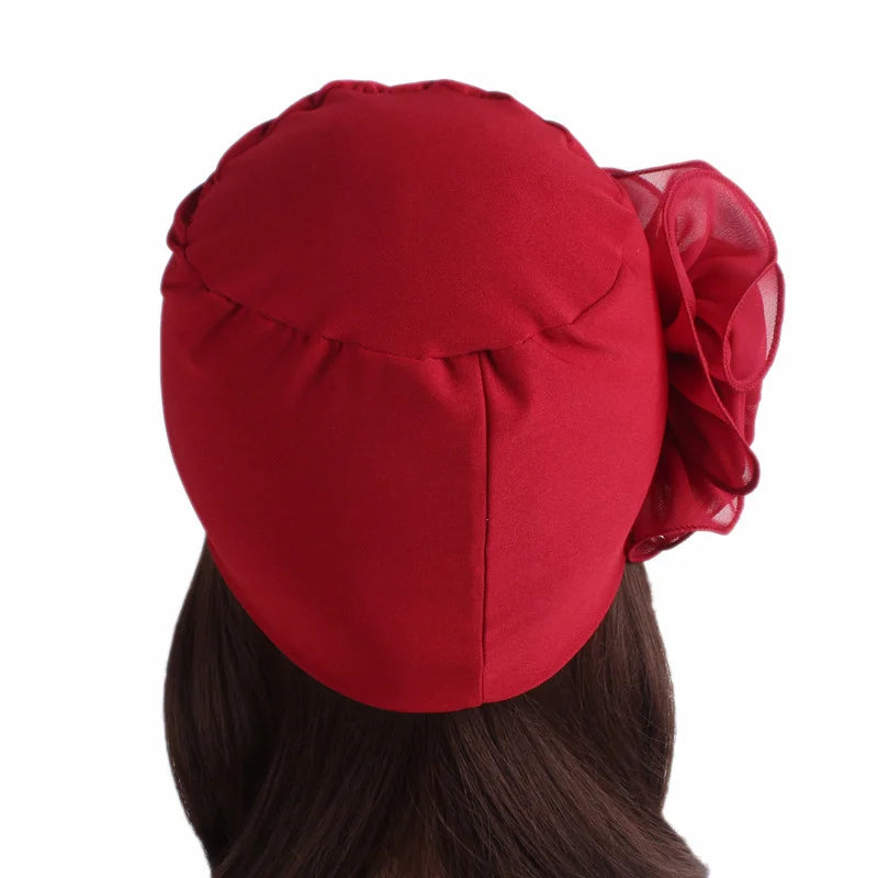 Newly Big Lace Flower African Bandana Head Wrap Women Elastic Hair Loss Cap Turban Wedding Party Headwear Hair Accessories