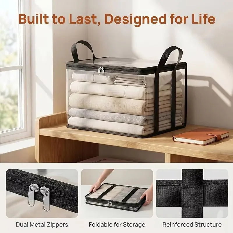 Foldable Storage Bins  Large Clear Heavy Duty Boxes with Lids Collapsible Clothes Blanket Organizer for Closet Bedroom