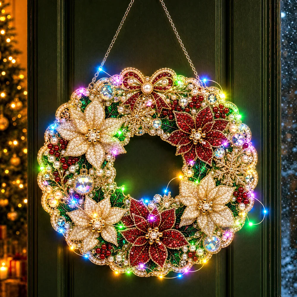 Christmas DIY Diamond Painting Wreath 25cm With LED Lights Double‑Sided Print Single‑Side Diamond Inlay Xmas Front Door Wall