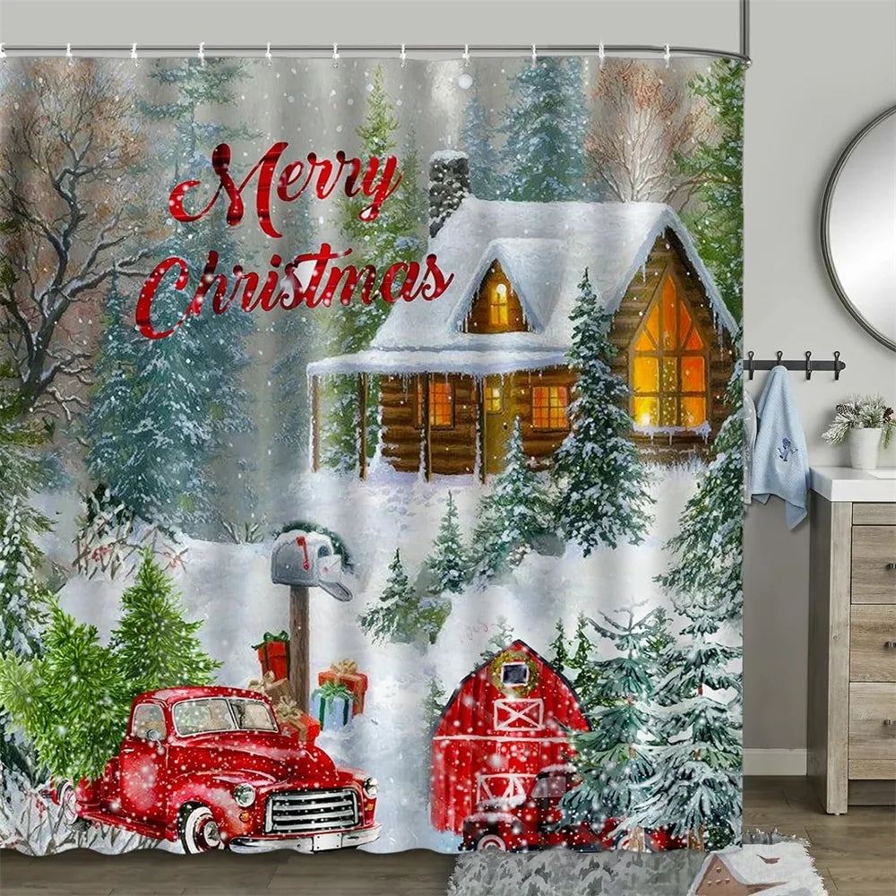 Christmas Shower Curtain, Winter Snowman Farm Christmas Tree Snowflake Santa Claus Dinosaur Farmhouse Truck Bathroom Decor