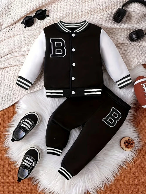 "Boys' Baseball Jacket Set | Black & White 'B' Embroidery - Varsity Jacket & Jogger Pants Two-Piece"