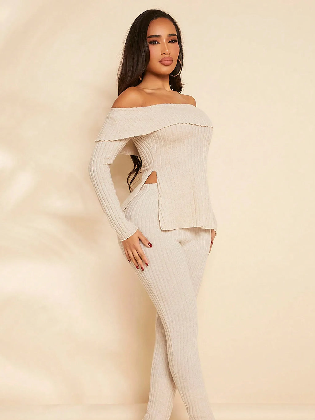Women 2 Piece Ribbed Outfit, Off Shoulder Fold‑Over Long Sleeve Top & High Waist Skinny Pants Set, Casual Knit Matching Loungewe