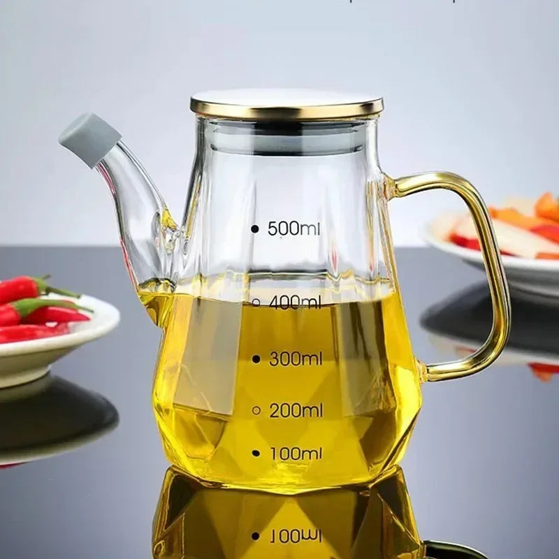 JUSTINLAU Glass Oil Pots 500/700/900ml Leak Proof Diamond Oil Bottle with Scale/Lid Sauce Vinegar Condiment Storage Container