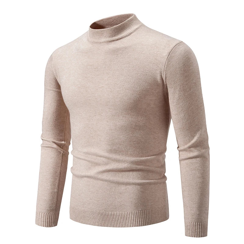 Autumn New Sweater Men's Half High Neck Basic Solid Color Casual Versatile Round Neck Knit with Slim Fit Elastic Sweater Inside